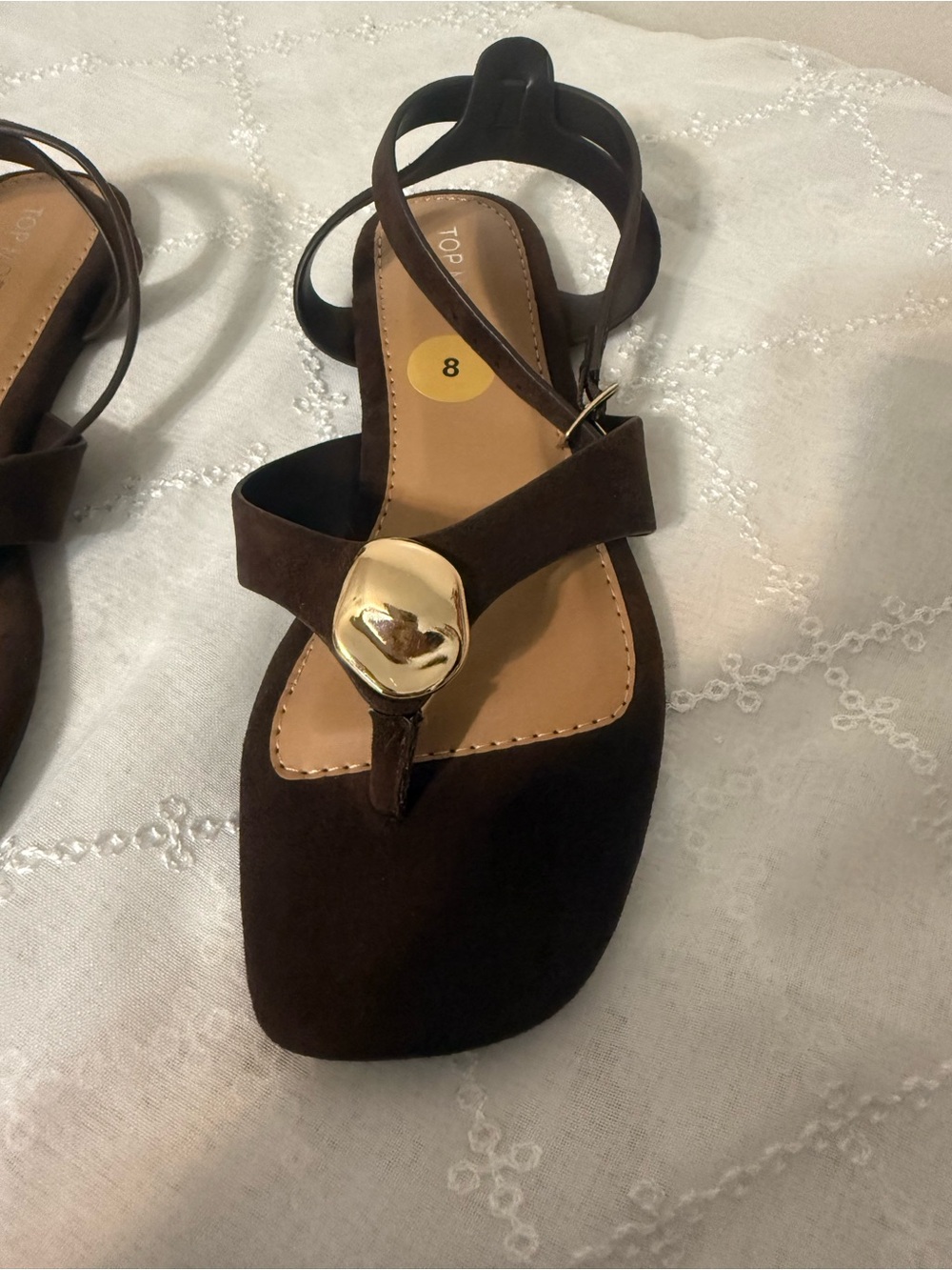 TOP Moda Dark Brown Suede T-Strap Sandals with Gold Accent